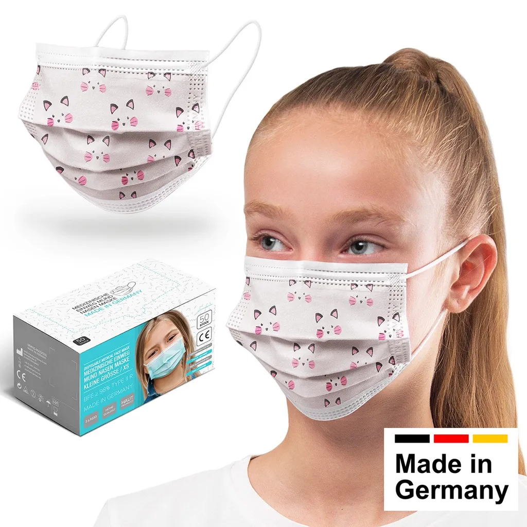 S.Ú.L.Y. Medizinische Mundschutz Für Kinder -Maske Typ IIR, OP-Masken Kätzchen Weiß, Hergestellt In Deutschland - 50 Stück 2 S.Ú.L.Y. Medizinische Mundschutz Für Kinder -Maske Typ IIR, OP-Masken Kätzchen Weiß, Hergestellt In Deutschland - 50 Stück – Bild 2
