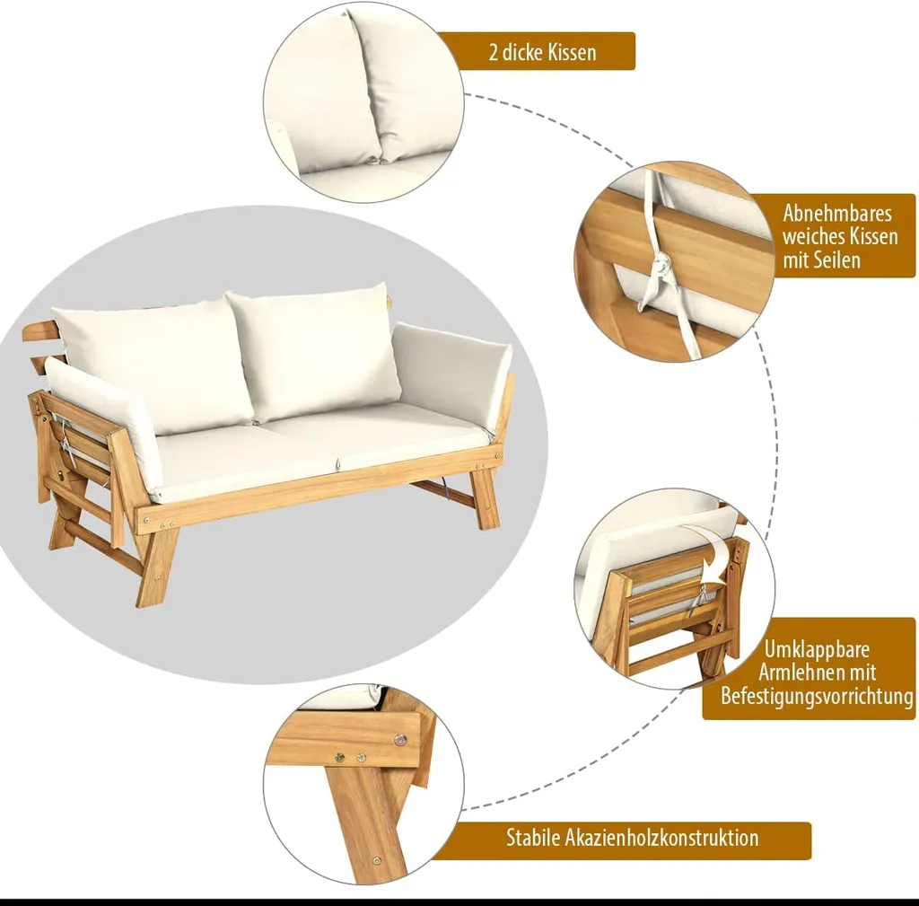 COSTWAY Liegesofa Mit Klappbaren Seitenlehnen, Sonnenliege Sitzbank Akazienholz Mit Auflage, Gartenbank Für Garten Terrasse Innenbereich (Weiß) 4 COSTWAY Liegesofa Mit Klappbaren Seitenlehnen, Sonnenliege Sitzbank Akazienholz Mit Auflage, Gartenbank Für Garten Terrasse Innenbereich (Weiß) – Bild 4