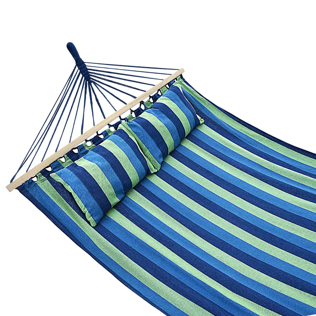 Juskys Hängematte Caracas 230 X 150 Cm In Grün-Blau – Doppelhängematte Aus Baumwolle Für 2 Personen Mit Kissen – Outdoor-Hängematte Bis 300 Kg 7 Juskys Hängematte Caracas 230 X 150 Cm In Grün-Blau – Doppelhängematte Aus Baumwolle Für 2 Personen Mit Kissen – Outdoor-Hängematte Bis 300 Kg – Bild 7