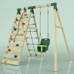 REBO Klettergerüst Mit Babyschaukel | Outdoor Schaukelgerüst Garten Mit Kletterwand Und Kletternetz, Farbe: Dunkelgrün