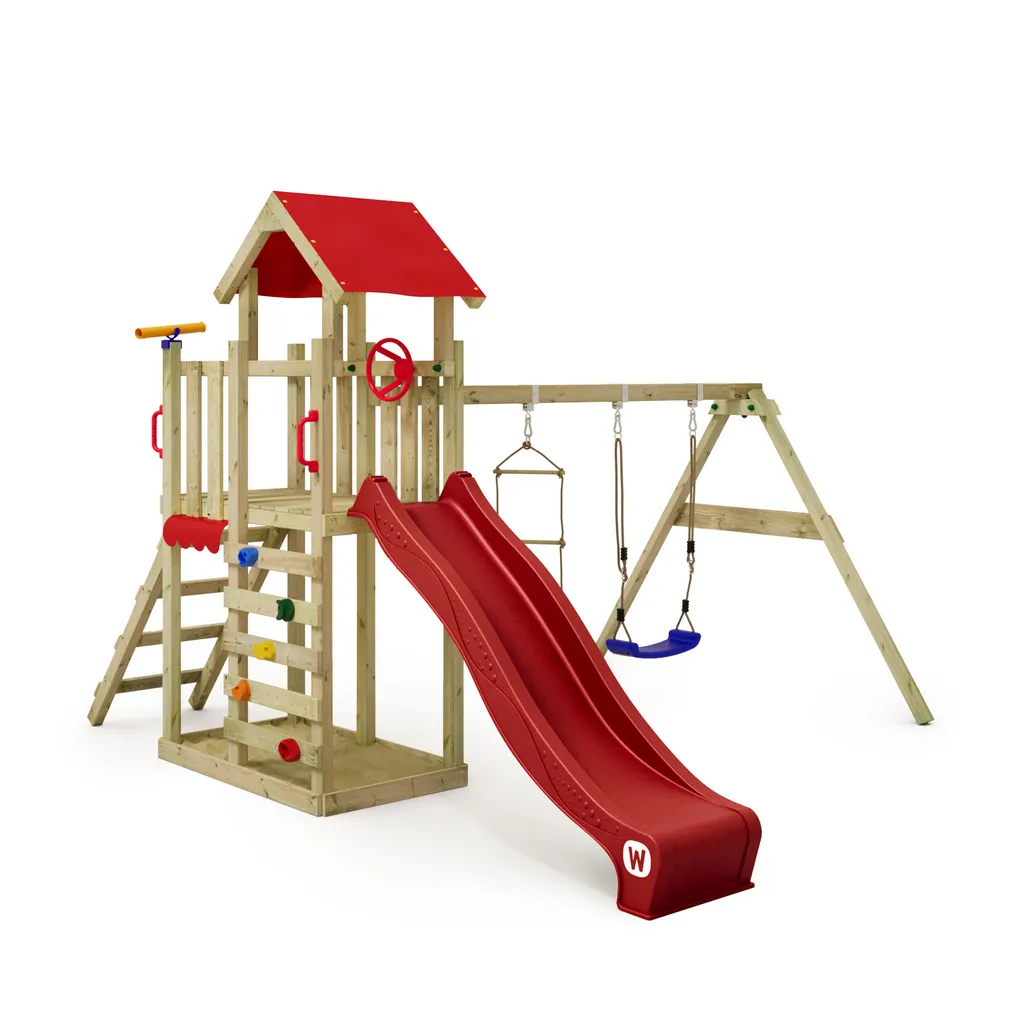 WICKEY Spielturm Klettergerüst MultiFlyer Light Mit Schaukel & Rutsche, Kletterturm Mit Sandkasten, Leiter & Spiel-Zubehör – Rot 1 WICKEY Spielturm Klettergerüst MultiFlyer Light Mit Schaukel & Rutsche, Kletterturm Mit Sandkasten, Leiter & Spiel-Zubehör – Rot