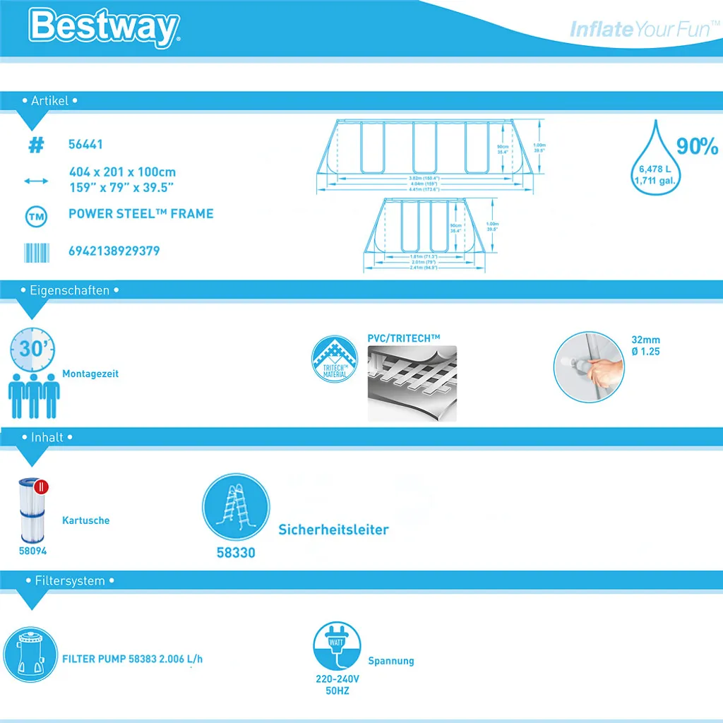Bestway Power Steel™ Frame Pool-Set, Eckig, Mit Filterpumpe & Sicherheitsleiter 404 X 201 X 100 Cm 13 Bestway Power Steel™ Frame Pool-Set, Eckig, Mit Filterpumpe & Sicherheitsleiter 404 X 201 X 100 Cm – Bild 13