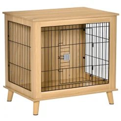 PawHut Hundekäfig Aus Holz Transportbox Mit Tischoberfläche Erhöhtes Design Hundebox Transportkäfig Innen Zuhause Tierkäfig Haustier Natur 81 X 58,5 X 76 Cm