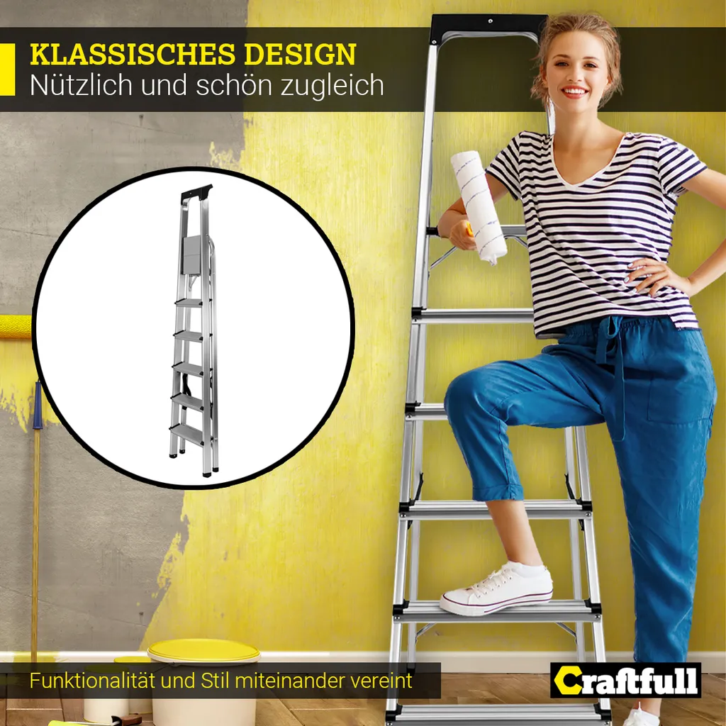 Craftfull Stehleiter CF-133B - Klappleiter - Aluminium Haushaltsleiter - Ablagefläche - Gummierte Standfüße - Mehrzweckleiter - 6 Stufen 3 Craftfull Stehleiter CF-133B - Klappleiter - Aluminium Haushaltsleiter - Ablagefläche - Gummierte Standfüße - Mehrzweckleiter - 6 Stufen – Bild 3