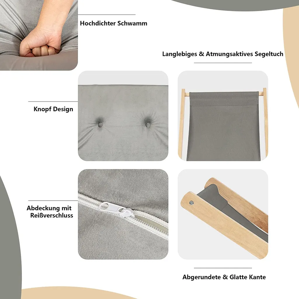 COSTWAY Gartenliege Aus Holz, Liegestuhl Mit Kissen, Relaxliege Klappbar, Strandstuhl Grau 5 COSTWAY Gartenliege Aus Holz, Liegestuhl Mit Kissen, Relaxliege Klappbar, Strandstuhl Grau – Bild 5