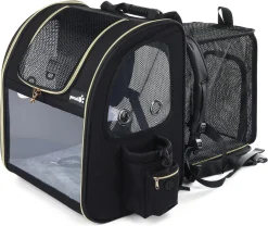 Pecute Hundetransportboxen Haustier Rucksack Hunderucksack Bis 5kg,mit Transparentes Fenster Schwarz,Erweiterbar Faltbar, Für Hunde Katzen Haustiere(34 * 27 * 42cm)