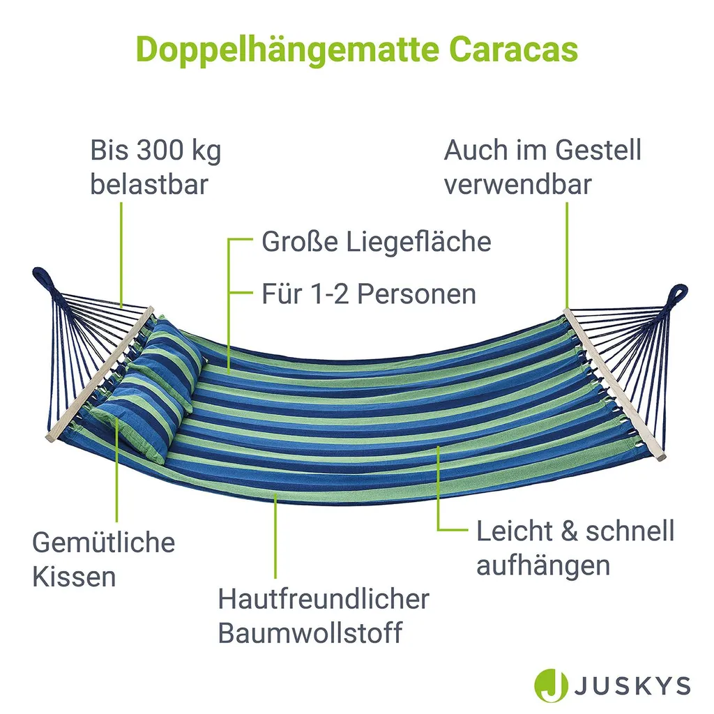 Juskys Hängematte Caracas 230 X 150 Cm In Grün-Blau – Doppelhängematte Aus Baumwolle Für 2 Personen Mit Kissen – Outdoor-Hängematte Bis 300 Kg 3 Juskys Hängematte Caracas 230 X 150 Cm In Grün-Blau – Doppelhängematte Aus Baumwolle Für 2 Personen Mit Kissen – Outdoor-Hängematte Bis 300 Kg – Bild 3
