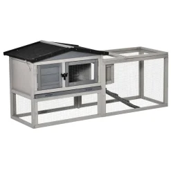 PawHut Kleintierstall Zwergkaninchenstall Meerschweinchenstall Freilaufgehege Winterfest Mit Freigehege Kleitierkäfig Outdoor Tierstall Tannenholz Hellgrau 150 Cm X 52,5 Cm X 68 Cm