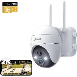 IeGeek 2K Kabellose Überwachungskamera Außen Akku Mit 32G SD-Karte, Wlan Kamera Outdoor Mit Farbnachtsicht 15m, PIR Bewegungsmelder, Personen/Autoerkennung, 2-Wege-Audio, IP65, Weiß
