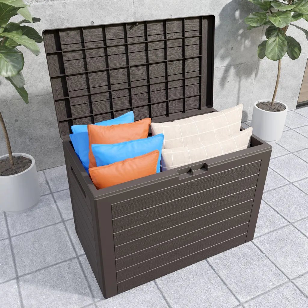 Deuba Auflagenbox 190 L Holz-Optik Wasserabweisend Deckel Abschließbar Garten Balkonbox Gartenbox Truhe , Farbe:braun 2 Deuba Auflagenbox 190 L Holz-Optik Wasserabweisend Deckel Abschließbar Garten Balkonbox Gartenbox Truhe , Farbe:braun – Bild 2