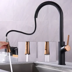 Aihom Wasserhahn Küche Schwarz Küchenarmatur Ausziehbar 360° Drehbar Wasserhahn Ausziehbar Mischbatterie Mit 2 Strahlarten Küchenarmatur Hochdruck Mit Höhe Bogenauslauf, Schwarz