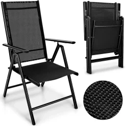 Tillvex Gartenstuhl Schwarz Klappbar Aus Aluminium | Hochlehner Mit Armlehnen | Klappstuhl Verstellbar | Klappsessel Balkon Garten Terrasse