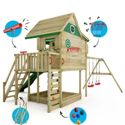 WICKEY Stelzenhaus Smart GreenHouse Mit Schaukel & Rutsche,integriertem Sandkasten Und Großem Spielhaus Mit Massiver Treppe Mit Handlauf, Fenstern, Rollos Und Blumenkasten - Grün -Garten- & Gewächshäuser Geschäft 472b1d3358da56009448a4a3a4c41fb7