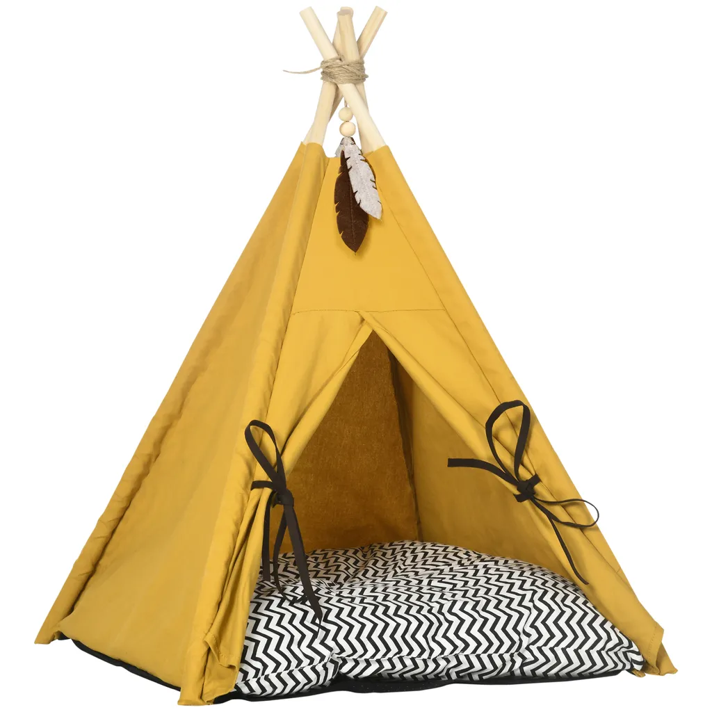 PawHut Tipi-Zelt Für Haustiere, Tierbett Im Tipi-Design, Katzenzelt Mit Kissen, Katzenhaus Mit Rutschfestem Boden Spielball, Hundebett Zum Schlafen, Katzenbett, Kiefernholz, Indoor, Gelb 1 PawHut Tipi-Zelt Für Haustiere, Tierbett Im Tipi-Design, Katzenzelt Mit Kissen, Katzenhaus Mit Rutschfestem Boden Spielball, Hundebett Zum Schlafen, Katzenbett, Kiefernholz, Indoor, Gelb