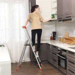 SONGMICS Trittleiter 4 Stufig | Aluleiter Bis 150 Kg | 143 X 83,5 X 44 Cm | Klappleiter Mit Anti-Rutsch-Füßen | Klapptritt Leiter Stehleiter Silber-orange GLT04BK -Garten- & Gewächshäuser Geschäft 48dcdbff51b8f4c70f57b57de99b22b7