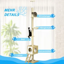 PawHut Kratzbaum, Katzenkratzbaum Deckenhoch, 240-260 Cm, Kletterbaum Mit Katzenhaus, Jute-Seilpfosten, Hängematte, Katzenleiter, Spielball, Katzenbaum, Katzenmöbel, Kippschutz, Hellbraun+Beige -Garten- & Gewächshäuser Geschäft 4912306d75cd4e83c912dc700f337ef0