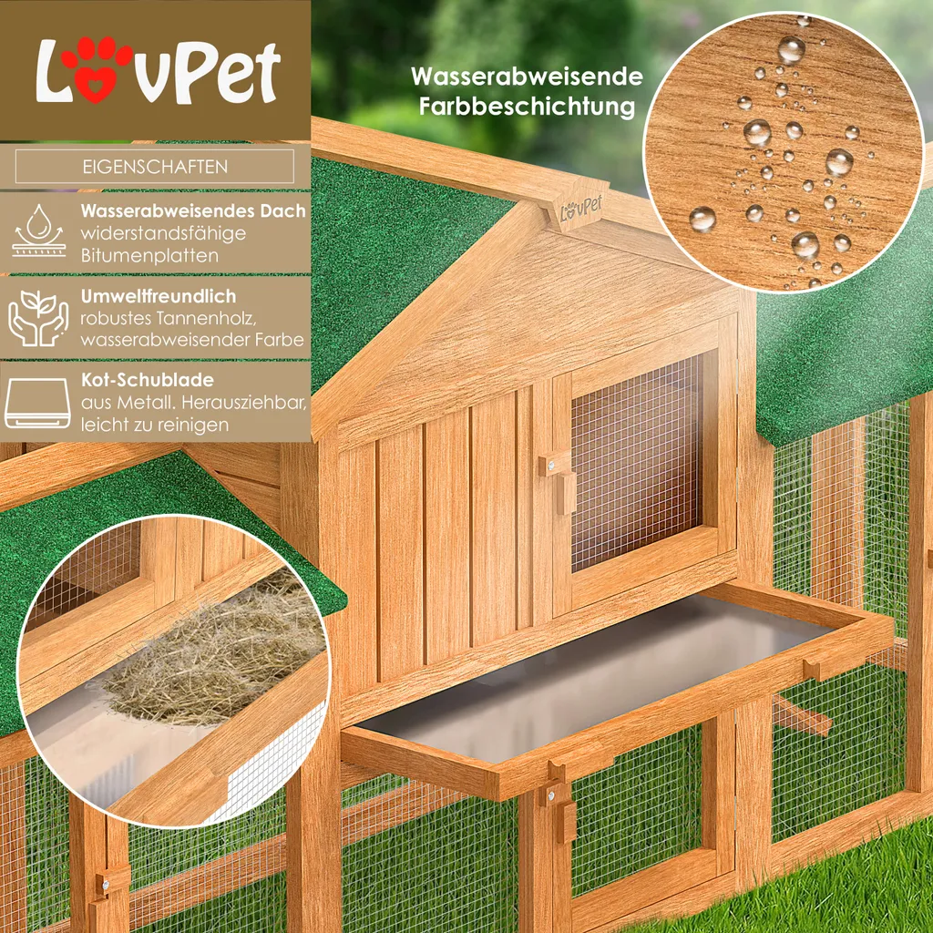 LOVPET® Kaninchenstall Hasenstall XXL Kleintiergehege Premium - Große Für Bis 4 Hasen Doppelstockhaus - 2 Ebenen - Hasenkäfig Meerschweinchen Freilauf Garten - Winterfest Holz 220x50x86 Cm, Farbe:Braun 4 LOVPET® Kaninchenstall Hasenstall XXL Kleintiergehege Premium - Große Für Bis 4 Hasen Doppelstockhaus - 2 Ebenen - Hasenkäfig Meerschweinchen Freilauf Garten - Winterfest Holz 220x50x86 Cm, Farbe:Braun – Bild 4