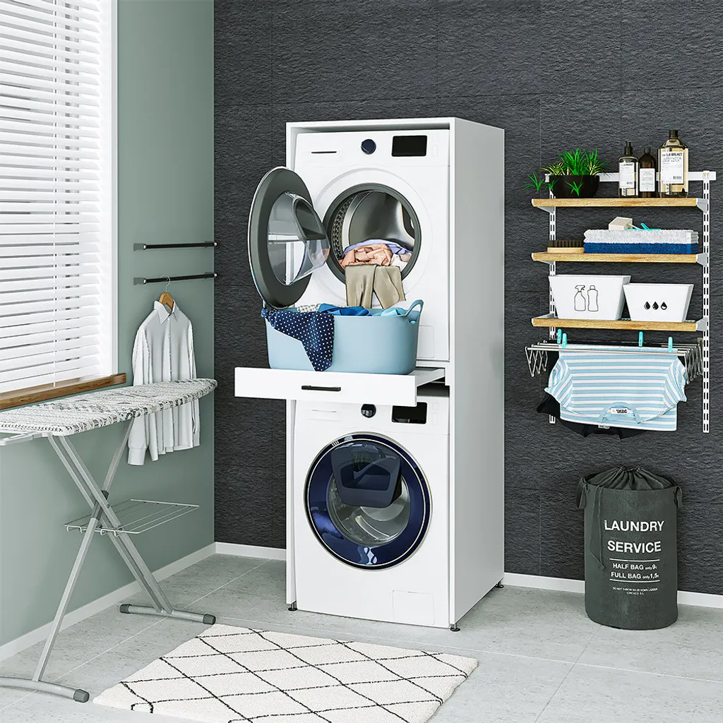 Roomartstore.de Roomart - Waschmaschinenschrank Für Trockner & Waschmaschine - Mit Ausziehbrett - Weiß - Schwarz Eiche: Weiß / + Ohne Klappschrank 2 Roomartstore.de Roomart - Waschmaschinenschrank Für Trockner & Waschmaschine - Mit Ausziehbrett - Weiß - Schwarz Eiche: Weiß / + Ohne Klappschrank – Bild 2