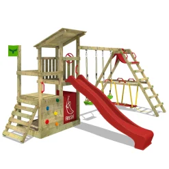 Wickey FATMOOSE Spielturm Klettergerüst FruityForest Mit Schaukel Surfswing & Rutsche, Kletterturm Mit Sandkasten, Leiter & Spiel-Zubehör – Rot