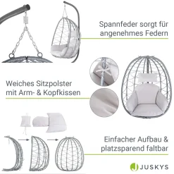Juskys Hängesessel Aria Mit Kissen - Höhenverstellbar & Faltbar - Polyrattan Hängeschaukel Outdoor & Indoor - Korbhängesessel Silber Bis 130kg -Garten- & Gewächshäuser Geschäft 4e69b3e1cdfe87f1627c4b3c14563d0c
