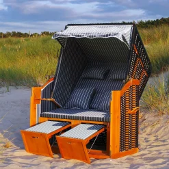 Swing&Harmonie Strandkorb XXL Inkl. Abdeckcover Luxus Volllieger Gartenliege Ostsee + 4 Kissen, Klapptische, Zeitungsfächer