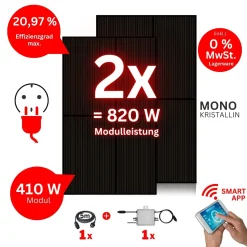 TINOS 820W Balkonkraftwerk 600W Komplett Für Steckdose Solaranlage Komplettset Plus Wechselrichter Mit 2x 410W (820W) Solarpanel Und Wechselrichter (600W) Mit Wifi. 230V Plug'nPlay, Balkonanlage