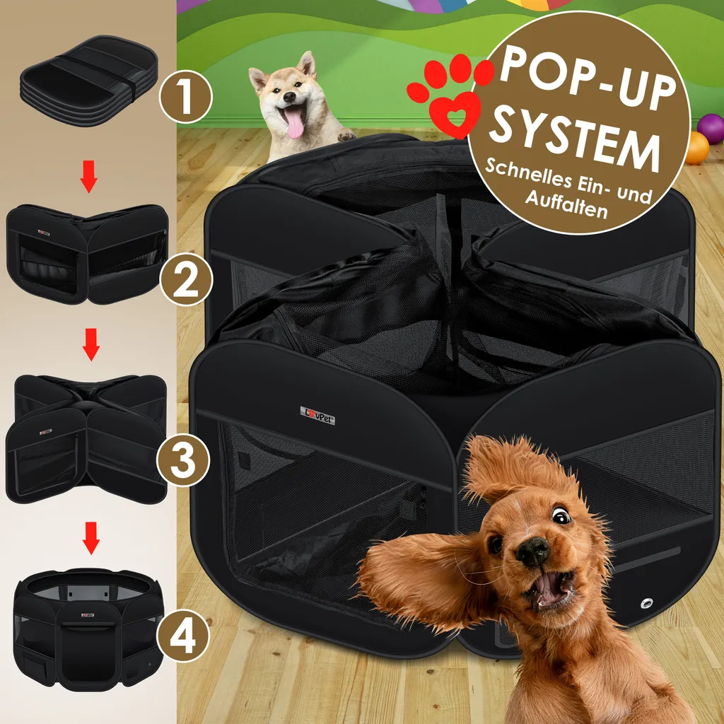 LOVPET® Welpenlaufstall Tierlaufstall Faltbar Für Kleintiere Hunde, Katzen Inkl. Hundenapf Hundelaufstall Freigehege Oxfordgewebe Pop-up System Indoor & Outdoor, Farbe:Schwarz 6 LOVPET® Welpenlaufstall Tierlaufstall Faltbar Für Kleintiere Hunde, Katzen Inkl. Hundenapf Hundelaufstall Freigehege Oxfordgewebe Pop-up System Indoor & Outdoor, Farbe:Schwarz – Bild 6
