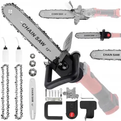 Delphi Garten-Set, Kettensäge, Adapter Für Jeden Winkelschleifer Winkelschleifer-Adapter Säge 12' Set 2 X 12" Kette, 2 X Öltank, 3 X Antriebskettenrad In 3 Größen: M10 M14 M16 1 X Führungsstange Mini Kettensäge