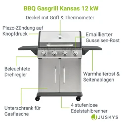 Juskys Gasgrill Kansas Mit 4 Brenner 12 KW, BBQ Grill Mit Gusseisen-Grillrost, Warmhalterost & Thermometer, XL Grillwagen 2 Seitenablagen & 4 Räder -Garten- & Gewächshäuser Geschäft 512718e5cff95adc0924ddb2f3d40a5d