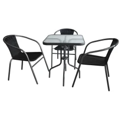 Wohaga 4tlg. Bistrogarnitur Glastisch 60x60cm Anthrazit + 3 Bistro-Stapelstühle Polyrattan Grau/Schwarz