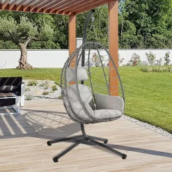 Juskys Hängesessel Aria Mit Kissen - Höhenverstellbar & Faltbar - Polyrattan Hängeschaukel Outdoor & Indoor - Korbhängesessel Silber Bis 130kg -Garten- & Gewächshäuser Geschäft 513b699ac85ca2183c715d73ada86ed9