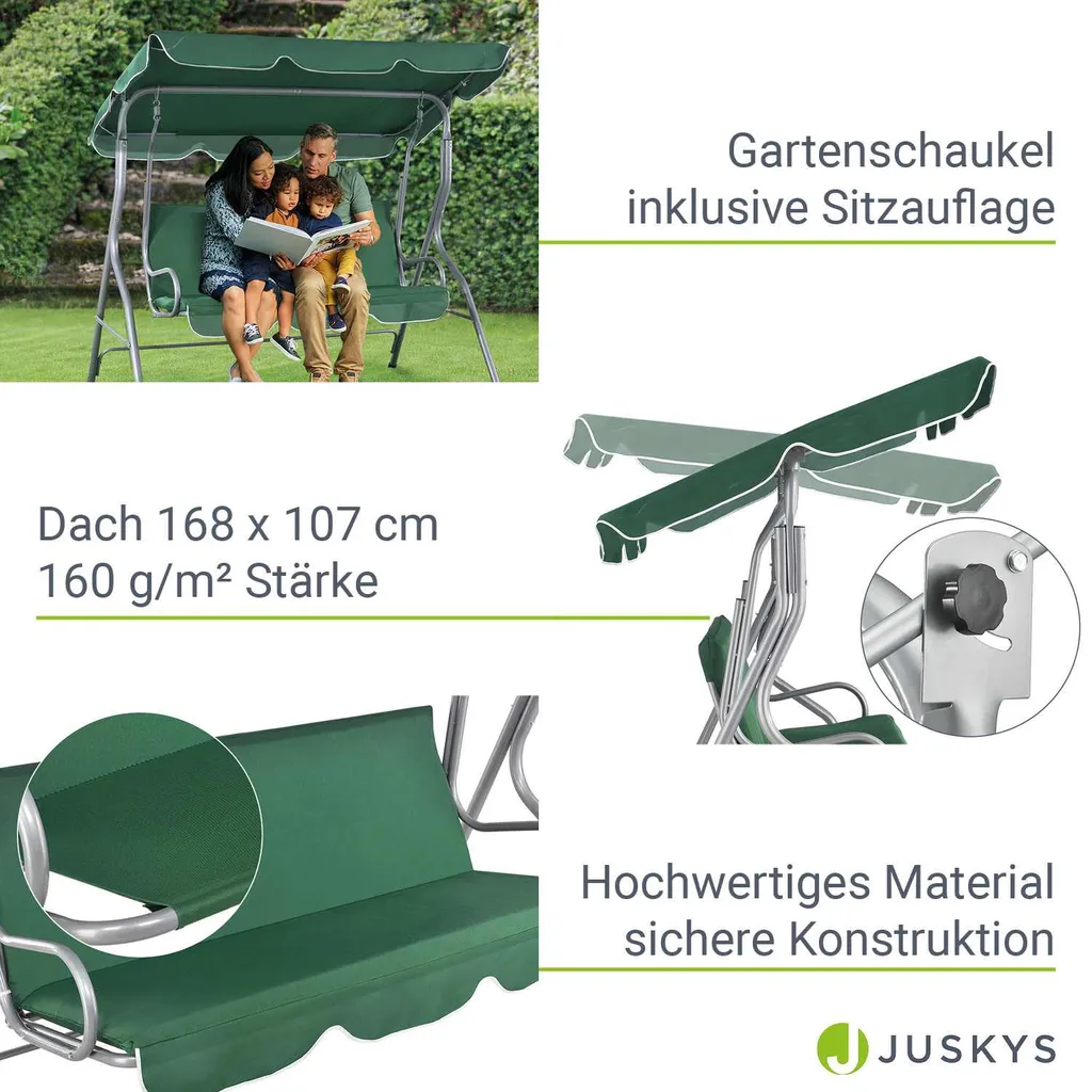 Juskys Hollywoodschaukel 3-Sitzer Mit Dach & Sitzauflage – Gartenschaukel 200 Kg Belastbar – Schaukelbank Für Garten & Terrasse - Grün 4 Juskys Hollywoodschaukel 3-Sitzer Mit Dach & Sitzauflage – Gartenschaukel 200 Kg Belastbar – Schaukelbank Für Garten & Terrasse - Grün – Bild 4
