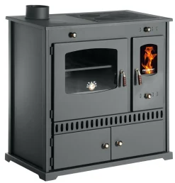 Prometey Kaminofen Mit Backfach Und Herdplatte Perfect Eco Schwarz Links Holzofen 7 KW Kamin Ofen Holz Werkstattofen Hüttenofen Heizofen Gartenofen