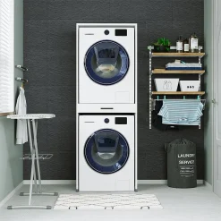 Roomartstore.de Roomart - Waschmaschinenschrank Für Trockner & Waschmaschine - Mit Ausziehbrett - Weiß - Schwarz Eiche: Weiß / + Ohne Klappschrank