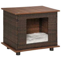 PawHut Rattan Hundehütte Hundehaus Mit Kissen Hundehöhle Hundematratze Haustierbett Für Drinnen Und Draußen Spanplatte Braun 60 X 44 X 51,5 Cm