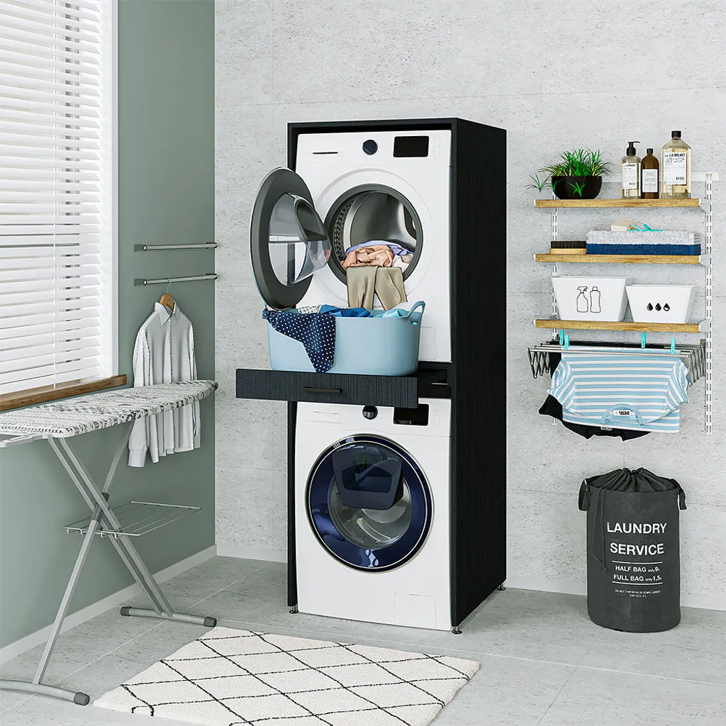 Roomartstore.de Roomart - Waschmaschinenschrank Für Trockner & Waschmaschine - Mit Ausziehbrett - Weiß - Schwarz Eiche: Weiß / + Ohne Klappschrank 9 Roomartstore.de Roomart - Waschmaschinenschrank Für Trockner & Waschmaschine - Mit Ausziehbrett - Weiß - Schwarz Eiche: Weiß / + Ohne Klappschrank – Bild 9