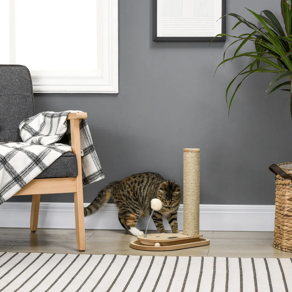 PawHut Kratzstamm Für Katzen, 40 Cm, Kletterbaum Mit Holzkugel-Katzenspielzeug, Drehscheibe Katze Kratzbaum, Katzensäule, Spielbaum, Natur 2 PawHut Kratzstamm Für Katzen, 40 Cm, Kletterbaum Mit Holzkugel-Katzenspielzeug, Drehscheibe Katze Kratzbaum, Katzensäule, Spielbaum, Natur – Bild 2