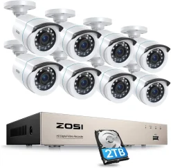 ZOSI H.265+ HD 1080P Video Überwachungssystem Mit 2TB Festplatte, 8CH 5MP Lite DVR Mit 8X Außen 2MP Kamera Set, 24M IR Nachtsicht