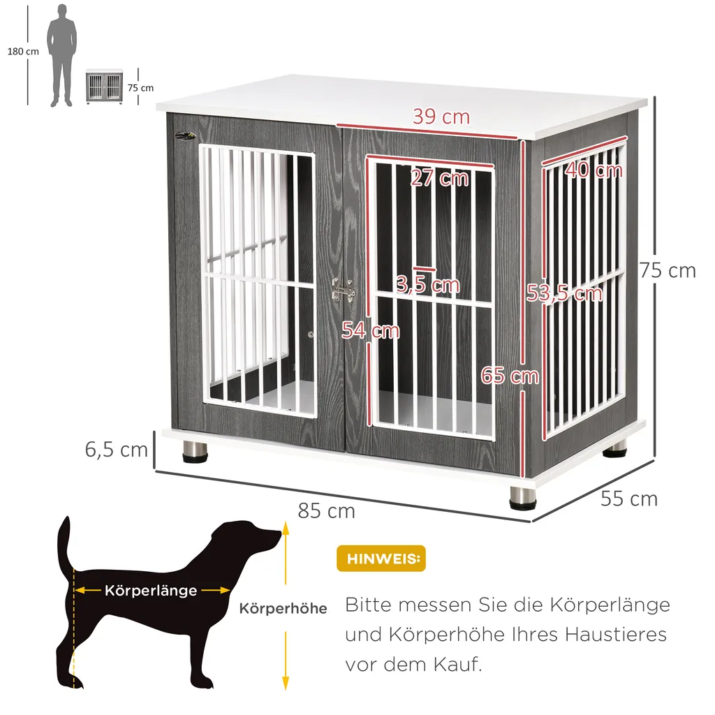 PawHut Hundekäfig Aus Holz Mit Tischoberfläche Schrank Kissen Erhöhtes Design Hundebox Hundehütte Hundekisten Für Mittelgroße Kleine Hunde Beistelltisch Design Innen Grau+Weiß 85 X 55 X 75 Cm 6 PawHut Hundekäfig Aus Holz Mit Tischoberfläche Schrank Kissen Erhöhtes Design Hundebox Hundehütte Hundekisten Für Mittelgroße Kleine Hunde Beistelltisch Design Innen Grau+Weiß 85 X 55 X 75 Cm – Bild 6