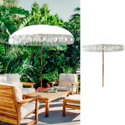 CEPEWA Sonnenschirm Bali 180cm Sonnenschutz Mangoholz Baumwolle Fransen Schirm Gartenschirm Dekoschirm