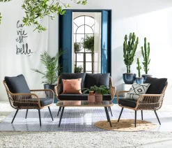 Dehner Gartenmöbel Lounge Venezia, 4-teilig, Inkl. Polster, Aluminium/Kunststoff/Glas, Schwarz/hellbraun -Garten- & Gewächshäuser Geschäft 56987b3bd7935a6f29d573645334f648