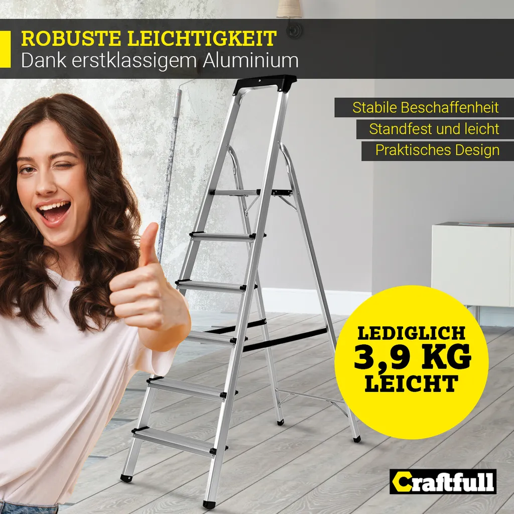 Craftfull Stehleiter CF-133B - Klappleiter - Aluminium Haushaltsleiter - Ablagefläche - Gummierte Standfüße - Mehrzweckleiter - 6 Stufen 2 Craftfull Stehleiter CF-133B - Klappleiter - Aluminium Haushaltsleiter - Ablagefläche - Gummierte Standfüße - Mehrzweckleiter - 6 Stufen – Bild 2