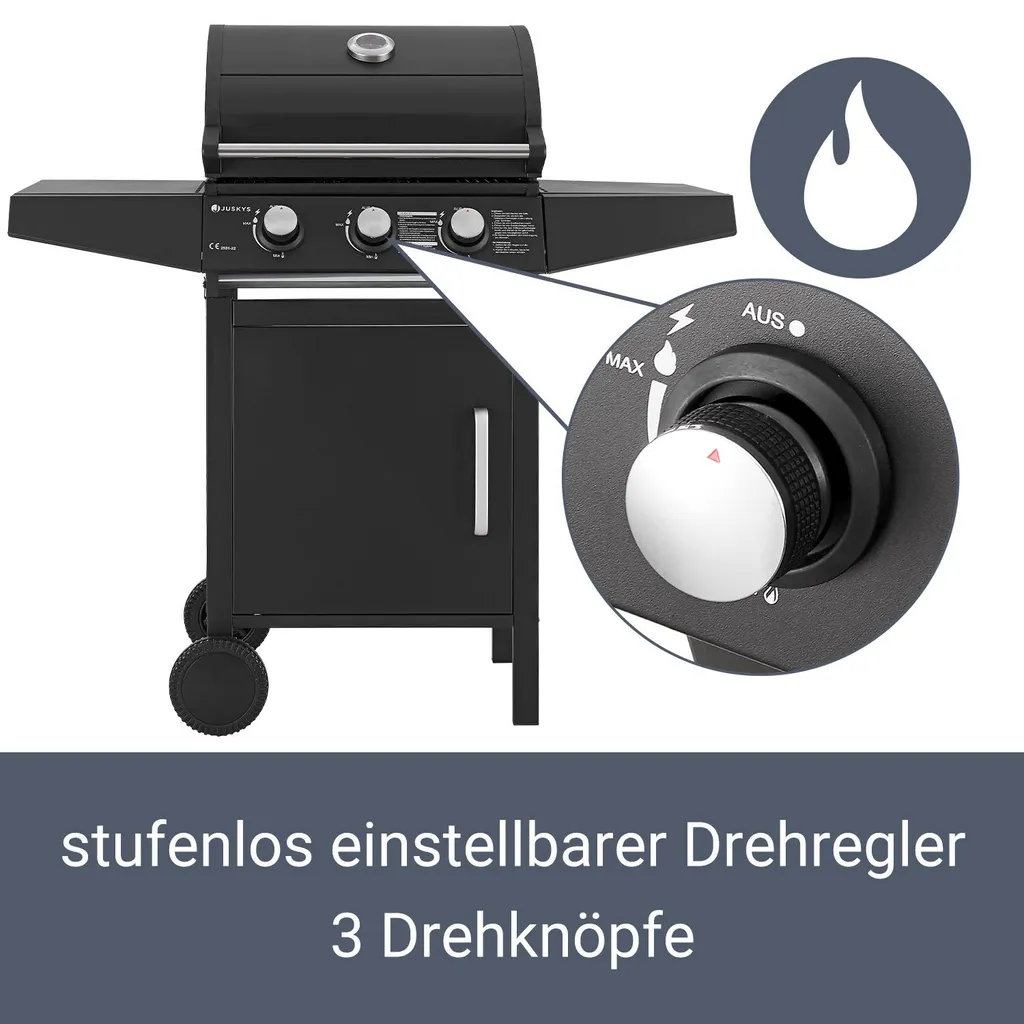 Juskys BBQ Gasgrill Louisiana 8,1 KW Mit 3 Brenner, Grillrost, Deckel Mit Thermometer, Warmhalterost & Seitenablagen – Grillwagen Mit Stahl Korpus 4 Juskys BBQ Gasgrill Louisiana 8,1 KW Mit 3 Brenner, Grillrost, Deckel Mit Thermometer, Warmhalterost & Seitenablagen – Grillwagen Mit Stahl Korpus – Bild 4