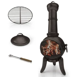 Jago® Terrassenofen Mit Funkenfluggitter - Aus Gußeisen Im Klassischen Design, 108cm Hoch, Inklusive Schürhaken, Funkenschutz - Vintage Gartenofen, Rustikaler Look, Gartenkamin, Feuerstelle, Feuerkorb