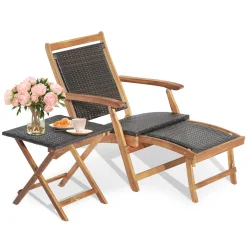 COSTWAY Rattan Sonnenliege Mit Ausziehbarer Fußstütze & Beistelltisch, Klappbare Gartenliege 5 Stufen Verstellbar, Liege Bett Bis 160 Kg Belastbar Für Pool, Strand