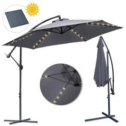 Wolketon 3m-3.5m Sonnenschirm Mit LED Solar Neigbar Ampelschirm Balkonschirm Marktschirm UV40+ Gartenschirm,Grau,3.5m