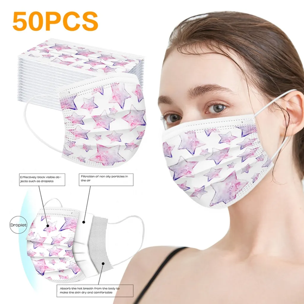 Jinaishop 50 Stück Maske Erwachsenen Einwegmaske Niedlich Und Schön Druck Staubmasken Schutzmasken-Stern Druck 1 Jinaishop 50 Stück Maske Erwachsenen Einwegmaske Niedlich Und Schön Druck Staubmasken Schutzmasken-Stern Druck