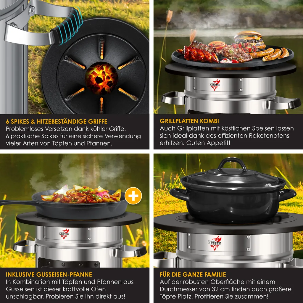 KESSER® Raketenofen Inkl. Grillpfanne Aus Gusseisen Mit Tragetasche Dutch Oven BBQ Rakete Holzofen Camping Campingkocher Campinggrill, Edelstahl, Farbe:Silber 5 KESSER® Raketenofen Inkl. Grillpfanne Aus Gusseisen Mit Tragetasche Dutch Oven BBQ Rakete Holzofen Camping Campingkocher Campinggrill, Edelstahl, Farbe:Silber – Bild 5