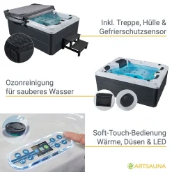 Artsauna Outdoor Whirlpool Oasis – Spa Mit Massagedüsen, LED-Beleuchtung, 2 Filter, Abdeckung, Pumpe, Ausstiegshilfe - Whirlpool Winterfest & Beheizbar -Garten- & Gewächshäuser Geschäft 5957e112aee1048d01c8cc75cef206dd