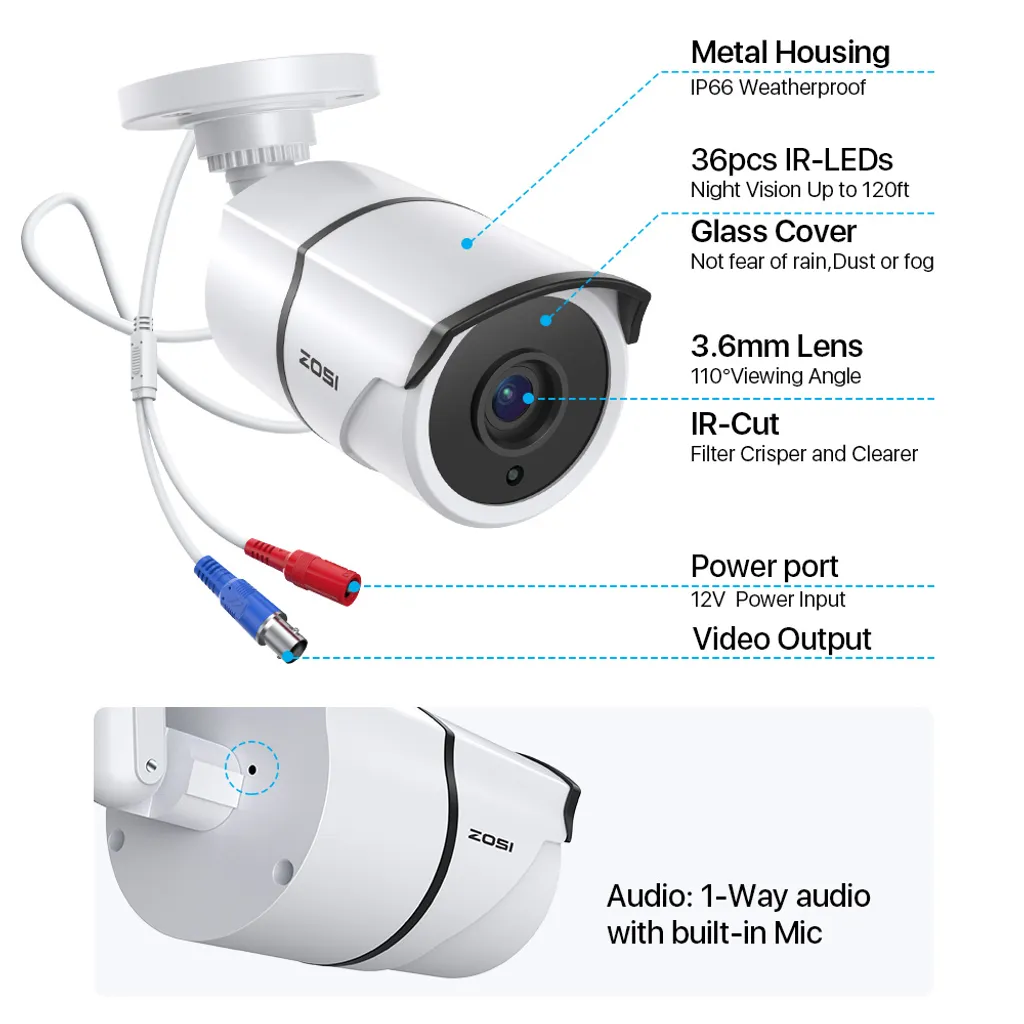 ZOSI 1080p Full HD Bullet Kamera Überwachungskamera, Outdoor Video Überwachungskamera Farb CCTV, 1-Wege Audio 30M IR Nachtsicht 2 ZOSI 1080p Full HD Bullet Kamera Überwachungskamera, Outdoor Video Überwachungskamera Farb CCTV, 1-Wege Audio 30M IR Nachtsicht – Bild 2